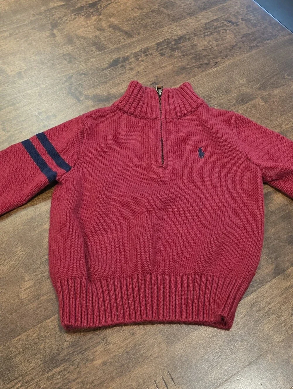 Ralph Lauren Toddler Boy Red Half-Zip Knit Sweater with Navy Stripe 18M
